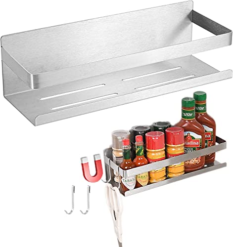 Yoniccal Magnetic Spice Rack for Refrigerator Spice Organizer, Strong Magnetic Shelf with 2 Removable Hooks Space Saver for Refrigerator and Microwave Oven, Metal Fridge Shelf(1 pack Silver)