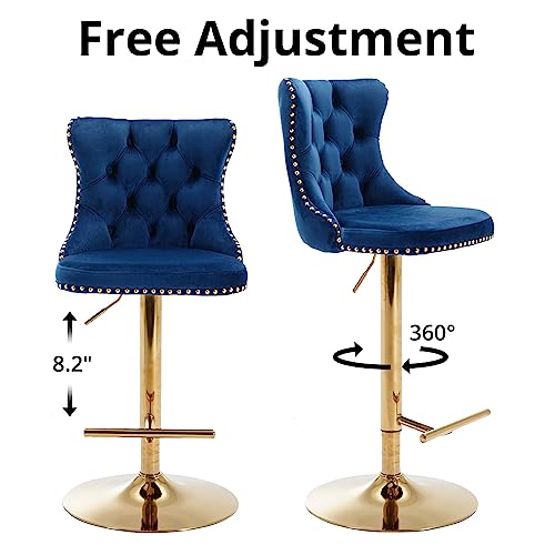 I-Pook Swivel Bar Stools Set Of 2, Adjustable Counter Height Barstools With High Back, Button Tufted And Nailheads Trim, Velvet Upholstered Bar Chairs For Home Bar Kitchen Island Cafe, Blue #TOP2