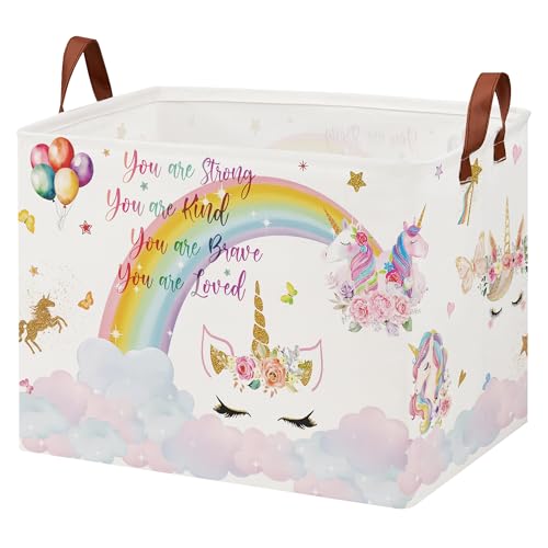 XHWZOF Unicorn Gift Bag Pink Kids Laundry Basket Rainbow Cloud Unicorn Nursery Decor Laundry Hamper ,Room Decor for Girls Bedroom, Rectangular Storage Box Cute Shelf Basket Clothes Book Toy Box Bin