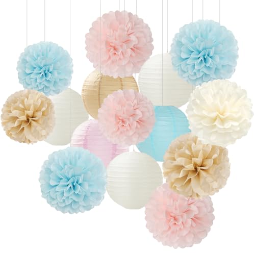 Image of Light-Blue Pink Champagne Gender-Reveal Party-Decorations - 15pcs Boy Or Girl Paper Flowers Tissue Pom Poms Lanterns Streamers,Birthday Bear Baby Shower Neutral Hanging Supplies Decor Hugfond
