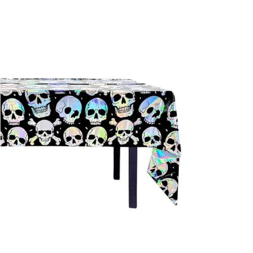 Skull Tablecloths - 54" x 108", Black Iridescent Foil Table Covers with Skeleton Design for Halloween Party, Gothic Birthday, Horror-Themed Events, and Spooky Decoration Table Cloth
