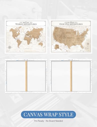 Image of IPIC - Vintage World Map & USA Map Canvas Wall Art Set of 2, Large Travel Art Prints for Office, Home, Study and RV, Push Pin Board Decor for Travel Lovers, Ready to Hang