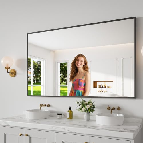 Koonmi Bathroom Mirror for Wall 36x60 Black Bathroom Mirror for Over Sink Shatterproof Tempered Glass Vanity Mirror with Anti-Rust Aluminum Alloy Frame Hang Horizontally or Vertically Black