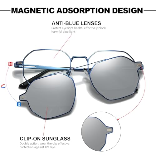 IGnaef Unisex Magnetic Sunglasses For Small to Medium Face, 2 in 1 Blue Light Blocking & Polarized Clip On Sunglasses IF88013