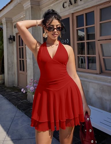 Image of GOKATOSAU Women's Halter V Neck Ruffle Hem Mini Club Party Dress | Summer Sleeveless,Ruched Waist,Sexy Cute,Backless,Flowy Mesh,Date Night,Vacation Short Dress,A-Line Going Out Dance