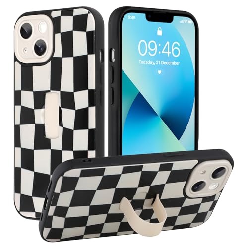 SOKAD for iPhone 13 Case with Finger Strap Stand, Black & White Checkered