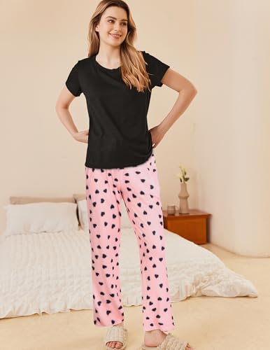 Image of Ekouaer Pajama Sets for Women Round Neck Pjs Short Sleeve Sleepwear with Long Pants Loose Lounge Sets