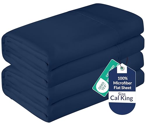 Image of Royale Linens 2 Pack Bulk Flat Sheet Set - Top Sheets - Soft 1800 Microfiber - Stain Resistant - for Hotel, Massage Table, Hospital, Dorm - California King Flat Sheet Sold Separately (King Cal, Navy)