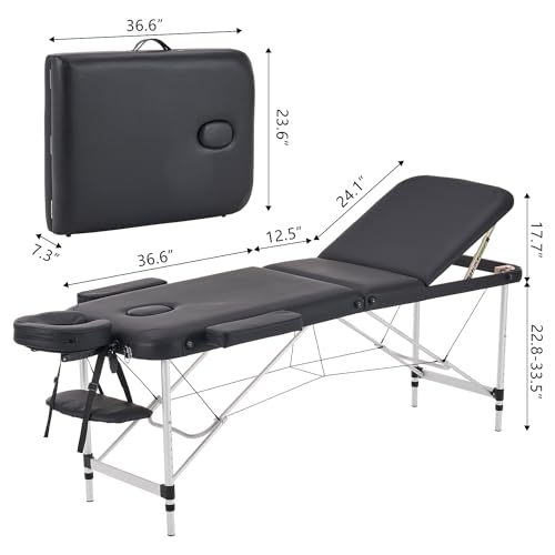 YOUNIKE Massageliege Mobile Klappbar 3 Zonen Höhenverstellbare Massagebank Aluminium mit Kopfstütze & Armlehnen und Tragtasche Massagetisch für Kosmetik Spa Salon Tattoo (Schwarz)