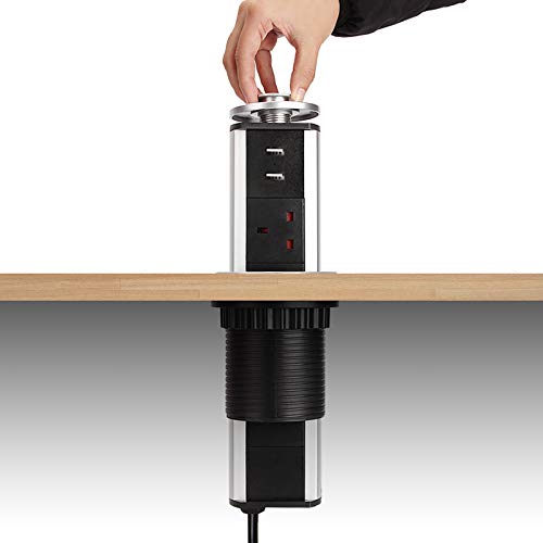 Pull Pop Up Power Sockets for Kitchen Worktops Electrical Plug Socket with 2 USB Charging Ports - Silver