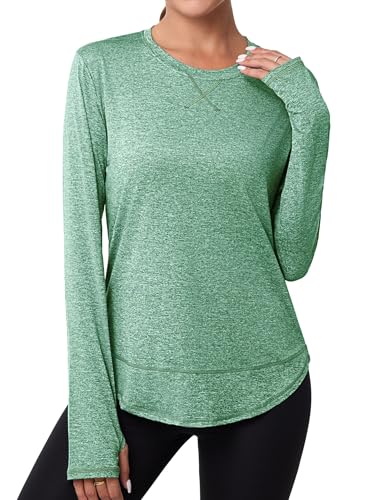 Terecey Funktionsshirt Damen Locker Langarmshirt Atmungsaktive Sportshirt Wandershirt Longsleeve Freizeitshirt Sport Oberteile fur Gym Workout Running, Grün L