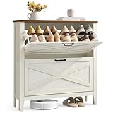 VASAGLE LIRY Collezione - Scarpiera con 2 Scomparti a Ribalta, Scarpiera Ingresso Slim, Stile Farmhouse, per 12-16 Paia di Scarpe, Bianco Vintage HSC201W01