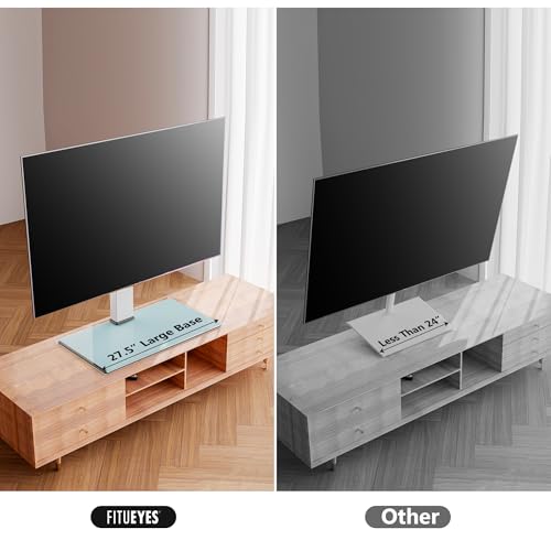 Image of FITUEYES Universal TV Stand with Swivel Mount for 50-85 inch Flat Screens - Height Adjustable Tempered Glass Base Holds up to 110 lbs, White
