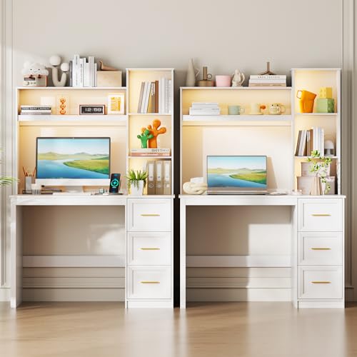 LVSOMT 40&rdquo; Home Office Desk with Hutch and Drawers, Computer Desk with Power Outlets and LED Light, Study Writing Gaming Table with Storage Shelves, Workstation for Bedroom, White