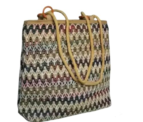 Sac fourre-tout tricoté à motif vintage géométrique multicolore à poignées