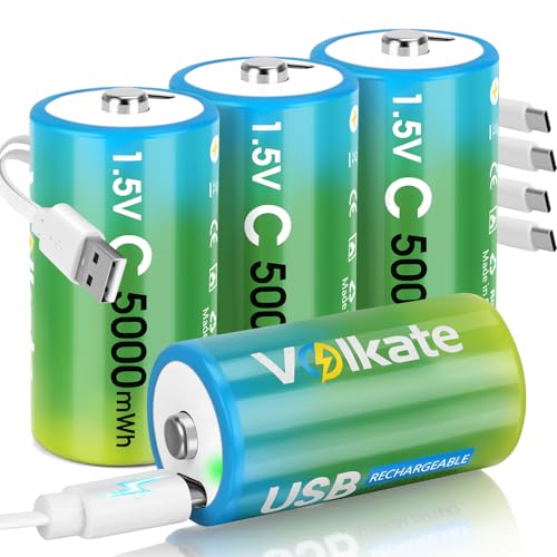 Volkate C Batteries 4-Pack, Rechargeable Lithium LR14 1.5V