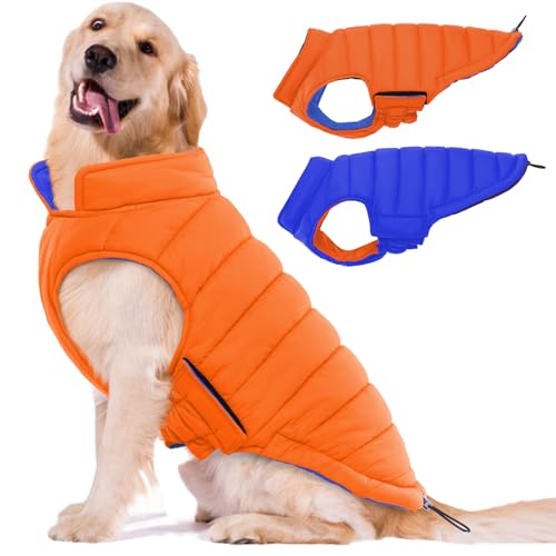 Image of Lelepet Reversible Dog Coat Windproof Dog Puffer Jacket Lightweight Vest | Soft Puffer Vest Warm Winter Coats for Medium Dogs Adjustbale Hook & Loop Pet Apparel with Leash Hole, French Bulldog, Orange