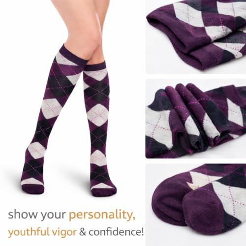 Image of Couver Women's Argyle Knee High Socks - Soft Acrylic Over the Calf Tube Style Socks for Casual Athletic - One Size