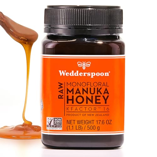Wedderspoon Raw Premium Manuka Honey, KFactor 16, 17.6 Oz, Unpasteurized, Genuine New Zealand Honey, Traceable from Our Hives to Your Home Wedderspoon Raw Premium Manuka Honey, KFactor 16, 17.6 Oz, Unpasteurized, Genuine New Zealand Honey, Traceable from Our Hives to Your Home