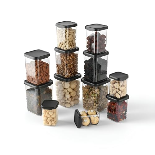 Image of Plastic Airtight Containers Set For Kitchen Storage And Containers Box For Pantry Organization And Container (4X350ml+4X650ml+4X950ml, Black And Transparent) Set of 12