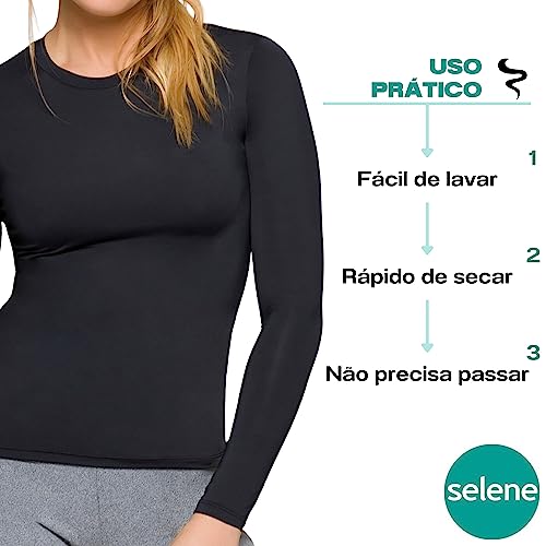 SELENE Camiseta Manga Longa Térmica Proteção Solar Feminina, Preto, M