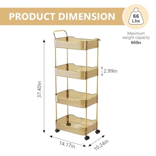 4-Tier Acrylic Rolling Storage Cart, Rolling Utility Cart, Kitchen Storage Cart with Wheels for Bathroom,Living Room, Kithcen, Office Storage and Organization (14''X10''X37'')(Amber)-khnieifA