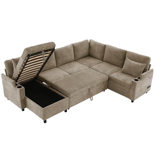 Image of ERYE 110-Inch U-Shaped Left Facing Sleeper Sectional Sofa Chenille Upholstered Corner Convertible Pull Out Sleeper Sofabed with Cupholders,Armrests Storage and USB Ports
