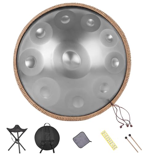 Silver 22-Inch Handpan Drum in D Minor, 10-Note (440Hz) with Bag, Mallet and Stand