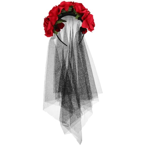 Lurrose rosa flor velo de cabello diadema floral disfraz de halloween tocado mexicano accesorios para el cabello para mujeres niñas rojo