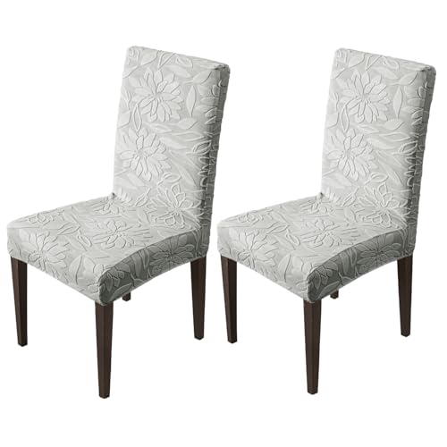 Image of House of Quirk Stretchy Universal Camellia Jacquard Waterproof Chair Cover Removable & Washable Short Dining Chair Cover Protector Seat Slipcover (Dark Grey,Pack of 2)
