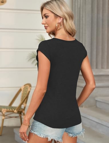 PLOKNRD Womens Summer Short Sleeve Tops Casual Lace V-Neck Tunic Plus Size T Shirts for Women Relaxed-Fit(Black,XXL) - Image 3