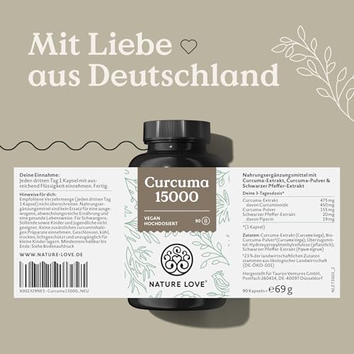 NATURE LOVE® Curcuma 15000 - Kurkuma Kapseln - 9 Monate Reichweite - hochdosiert 95% Curcumin pro Kapsel - mit schwarzem Pfeffer - vegan, laborgeprüft & in Deutschland produziert