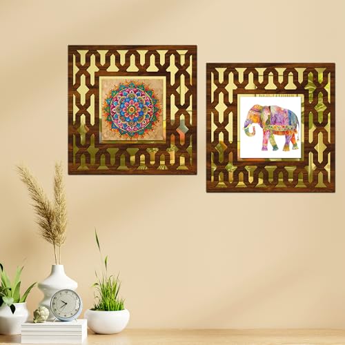 Image of RAG28 Wooden Elephant Mandala Art Mirror Wall Decor Panel for Home Decor Living Room Bed Room Office (AD9, 12X12 Inches, Set of 2)