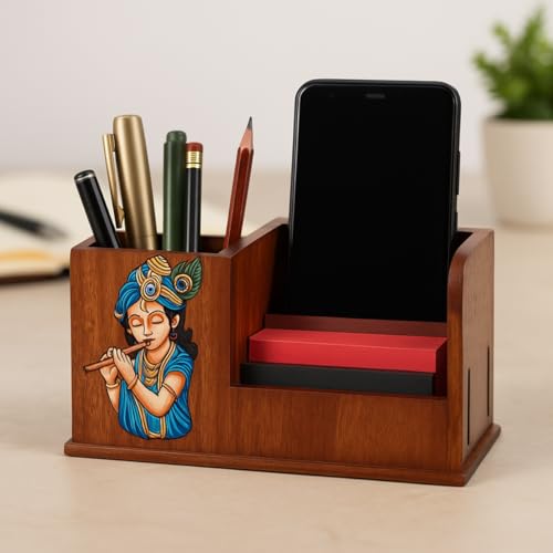 Image of DivineCraftedArt Handcrafted Wooden Pen Holder & Mobile Stand | Desk Organizer for Office, Home & Study Table | Pen Pencil Stand with Card Holder (6.75x3.75x2.5 Inch) (Krishana Harmony)