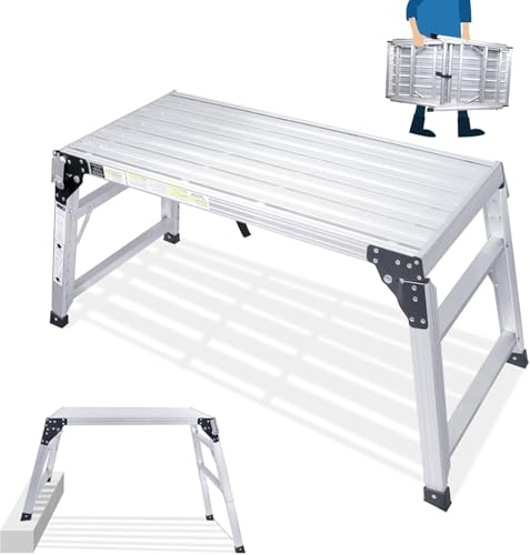 Image of ORIENTOOLS Adjustable Work Platform, (39.4" X 18.5") Portable Folding Aluminum Step Ladder, Scaffolding Platform of Capacity 330 LBS Heavy Duty, 7 Gear Adjustable Height 24 to 35 inches