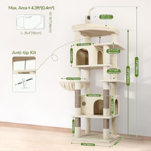 Image of Globlazer F74B Cat Tree for Indoor Cats Large Adult, Multi-Cat, Beige | Easy Setup, 74in Tall Tower, Oversized Top Perch, 2 Large Condos, Hanging Basket, 5 Sisal Scratching Posts, Anti-Topple Strap
