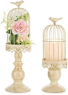 Nuptio Bird Cage Candle Holders: Ivory Shabby Chic Candle Holder for Pillar Candles, Vintage Metal Birdcage Decoration Wedding Tabletop Centre Pieces Christmas Halloween Living Room Mantle, 2 Pieces