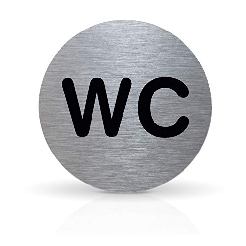 Betriebsausstattung24® Türschild Piktogramm „WC“ - Rundes Hinweisschild aus Aluminium - Für Ihre Tür & Wand - Silber - Durchmesser Ø 7,0 cm - Inkl. Klebepad