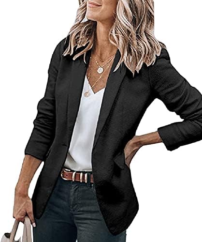 SAOVERE Womens Casual Open Front Long Sleeve Blazer Collared Work Office Pockets Jackets A-Black