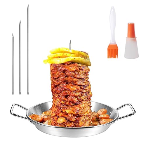 MEETOZ Stainless Steel Vertical Meat Skewer, BBQ Vertical Skewer Grill with 3 Replacement Spikes, Brazilian Barbecue Grilling Rack Meat Spit with Drip Tray for Whole Chicken Fish Sausage Steak