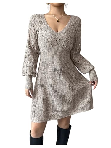 MakeMeChic Women's Crochet A Line Sweater Dress Long Sleeve V