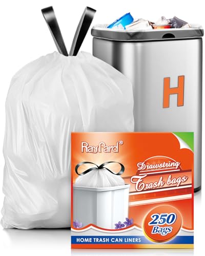 RayPard 8-9 Gallon Plastic Drawstring Trash Bags 250 Counts Compatible with Simplehuman Code H 30-45 Liter Medium Kitchen Garbage Bags White Trash Can Liners