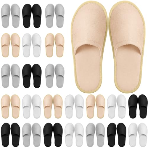 Geyoga 24 Pairs Disposable Slippers for Guests Bulk 2 Size Cotton Soft Spa Hotel House Slippers for Women Men Wedding Party Shoeless Home Indoor Travel (White, Light Gray, Black, Khaki,M) by Geyoga - Used condition - US$23.29