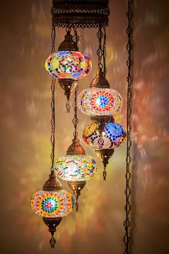 DEMMEX Swag - Lámpara de araña enchufable, mosaico marroquí turco, lámpara colgante de techo para sala de estar, dormitorio, comedor, cable de cadena de 15 pies, 5 pantallas de gran tamaño, 4 pies
