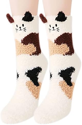 Benefeet Sox Women Fuzzy Novelty Slipper Socks Girls Funny Winter Warm Fleece Cozy Fluffy Soft 3D Cartoon Animal Cute Crew Socks Kawaii Home Sleeping Hospital Socks Gift,1 Pack-cat