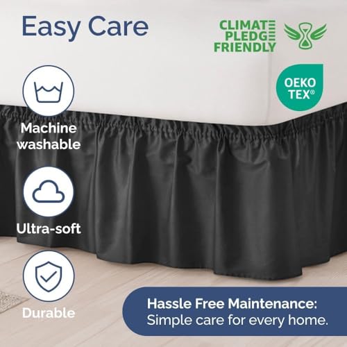 Image of Bed Skirt - Wrap Around Dust Ruffle Bed Frame Cover with Easy Fit Elastic Strap, Double Size 12 Inch Inch Drop, Microfiber Pleated, Machine Washable | Black, (72inchx72inch)