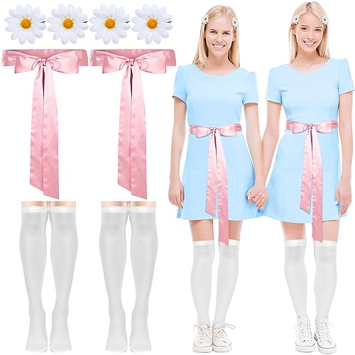 Crowye 8 Pcs Halloween Twins Costume Women Cosplay Accessories Sets High Socks Ribbon Hair Clips for Adult Girls party(S)