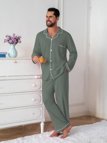 Image of QZH.DUAO Mens Pajama Set 100% Cotton Long Sleeve Button Down PJs