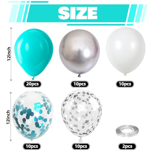 Image of Teal Blue and Silver Balloons, 60 Packs 12Inch Teal and Metallic Silver Balloons, Teal Blue White Silver Confetti Balloon with Ribbons for Wedding Baby Bridal Baby Shower Birthday Party Decoration