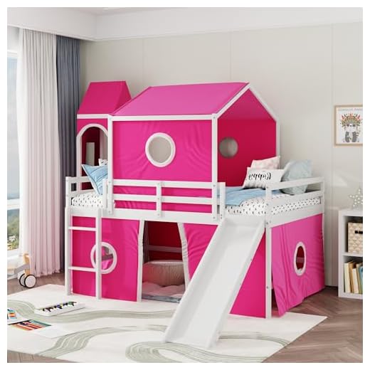 Harper & Bright Designs Full Size Low Loft Bed with Slide & Curtains and Tower, Solid Wood Loft Bed Frame with Tent, Full Over Full Floor Bunk Bed for Kids Girls Boys (Pink)